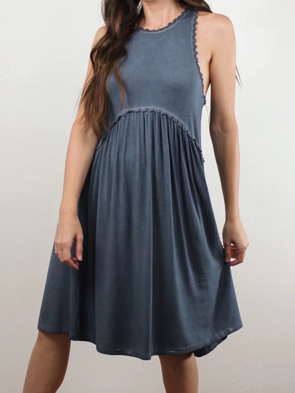 POL Washed Blue Babydoll Tank Midi Dress Crochet‎ Lace Trim Small Boho